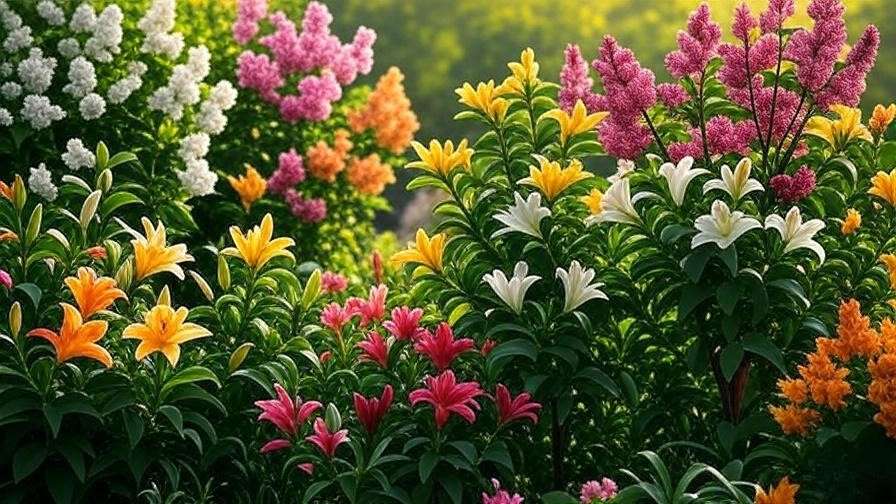 Vibrant lilium tree varieties in bloom with colorful flowers and lush green leaves in a garden setting."