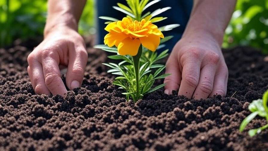 Marigold tree seedling planted in loamy soil under sunlight with gardener's hands".