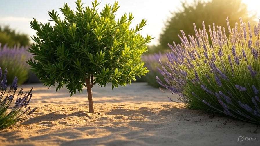 Olive Arbequina tree in well-draining soil with lavender companion plants in a sunny garden"