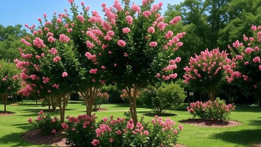 Variety of pink crape myrtle trees with different bloom intensities in a lush garden setting."