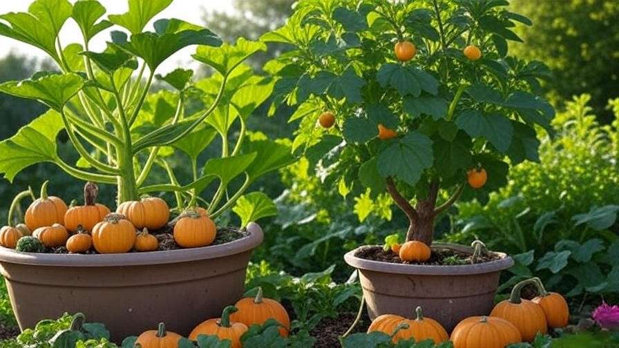 Variety of pumpkin tree cultivars including dwarf and full-sized trees with gourd-like fruits in a sunny garden."