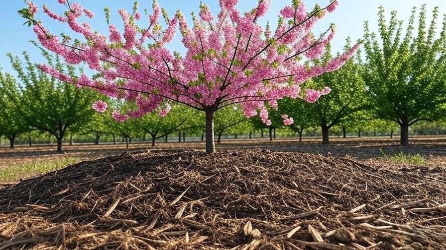 Cherry tree in a well-drained raised bed with organic mulch in a healthy orchard."