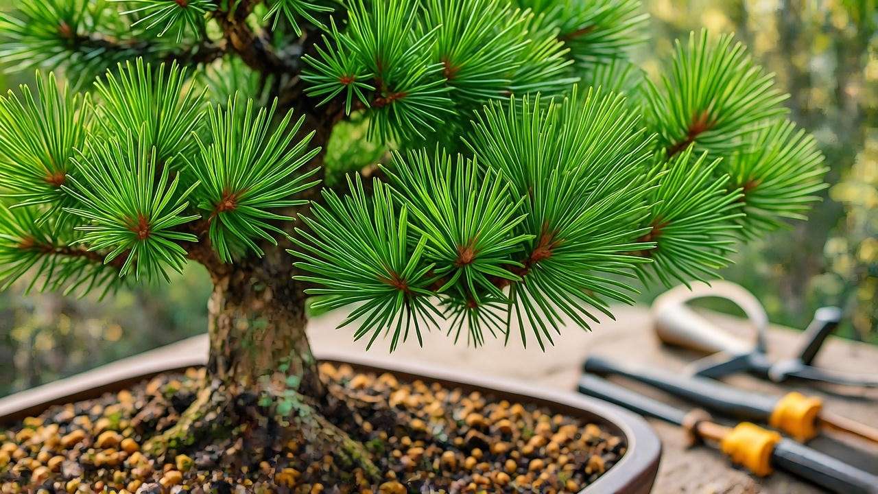 Close-up of a healthy Picea bonsai tree in well-draining soil mix with akadama and pumice."