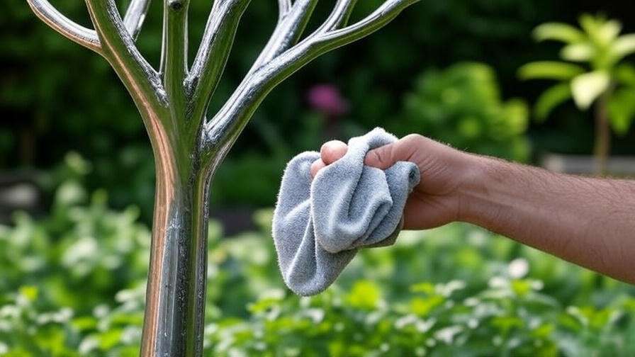 Close-up of a stainless steel metal tree being cleaned with a soft cloth in a lush garden."