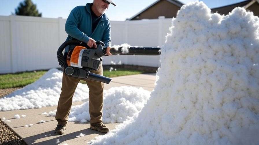 Homeowner clearing cottonwood seeds with a leaf blower on a sunny patio."