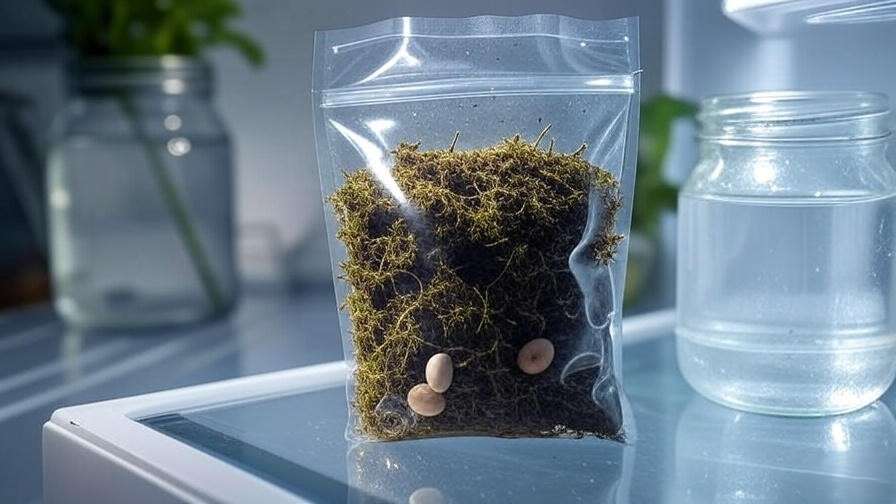 Sakura tree seeds in moist peat moss inside a refrigerator for cold stratification.