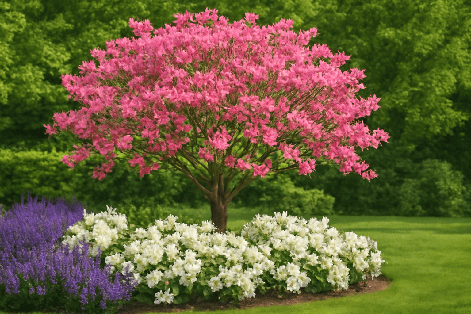 "Pink dogwood tree with purple salvia and white azaleas in a colorful spring garden"