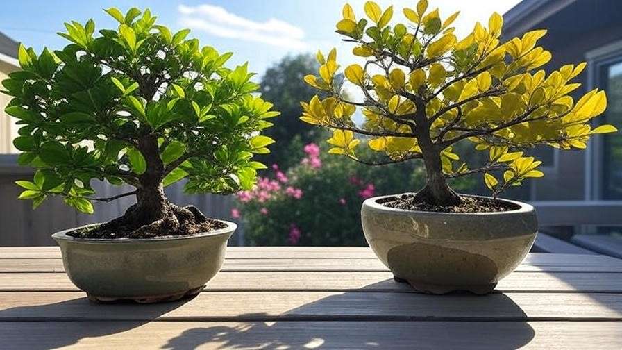 Bonsai tree recovering from yellowing leaves next to a healthy bonsai on a patio."