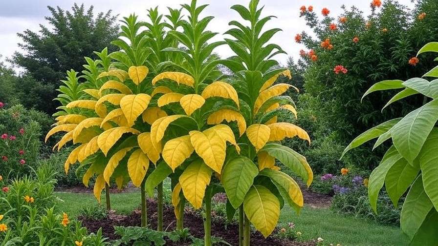 Tobacco tree with yellowing leaves treated with neem oil next to a healthy plant.