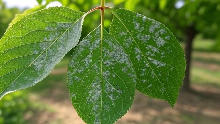 Close-up of a Lapins cherry tree leaf with powdery mildew next to a healthy leaf in a garden"