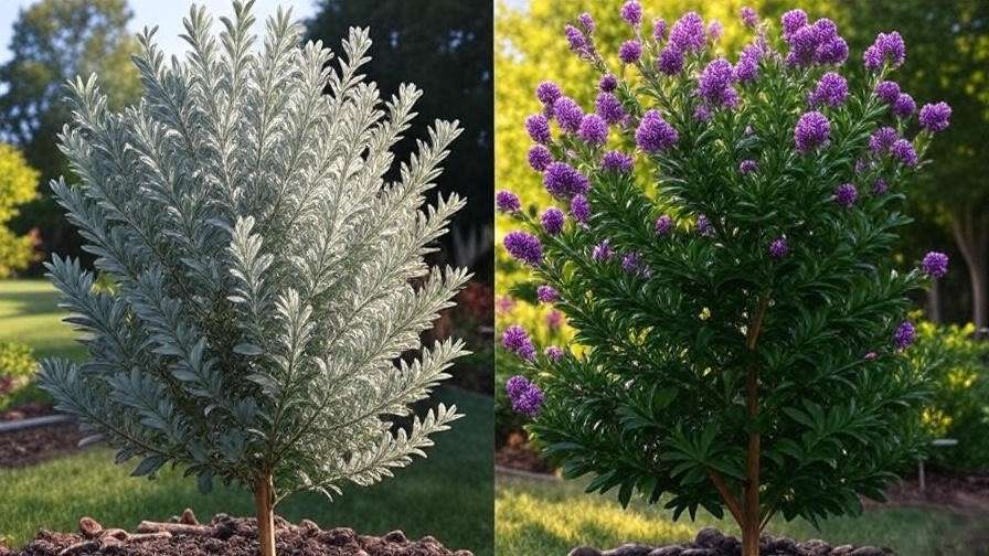 Lavender crape myrtle tree with powdery mildew vs healthy tree with purple blooms."