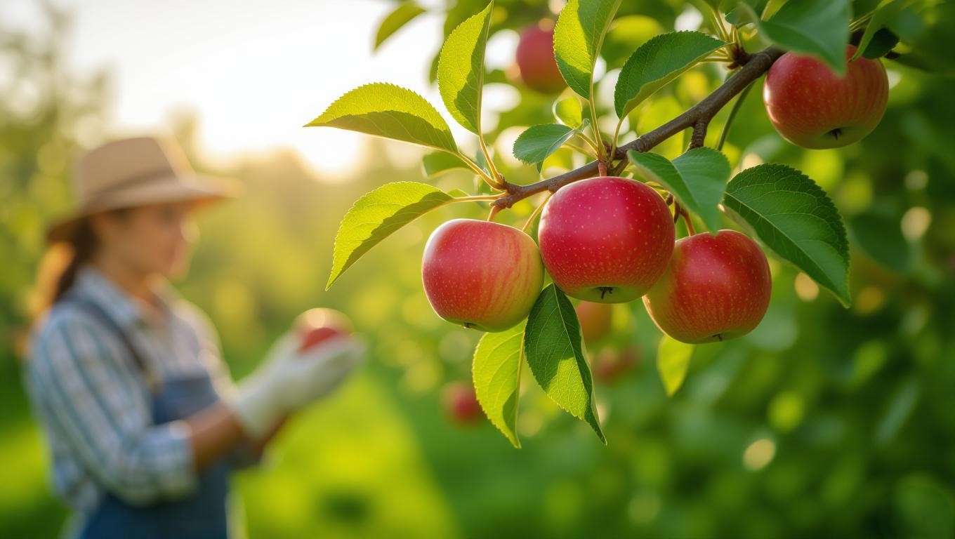 Honeycrisp apple tree branch with apple scab versus healthy apples, gardener inspecting in an orchard.