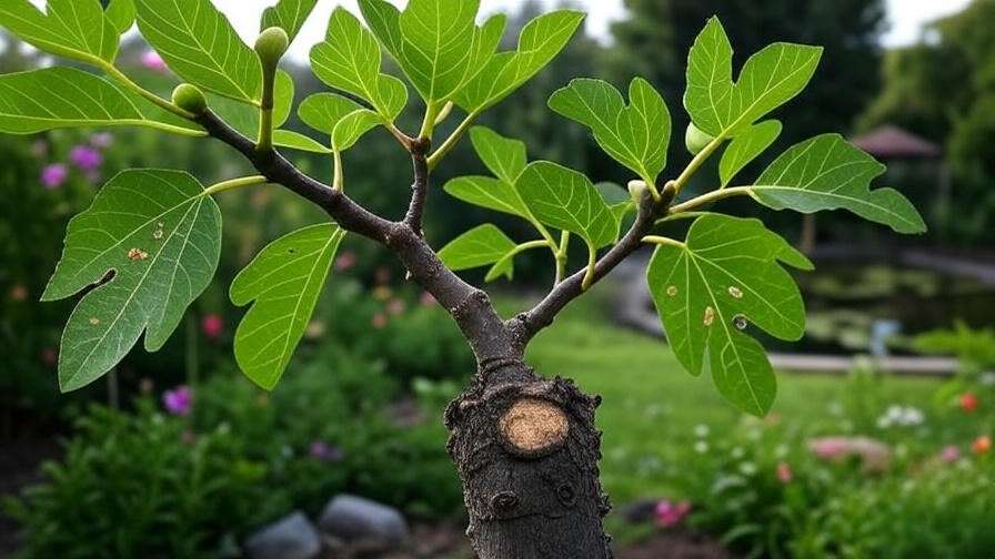 Fig tree with pest damage and healthy pruned section in a garden