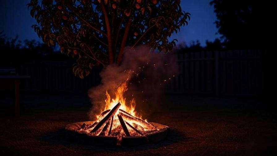 Cautionary image of a bonfire too close to a peach tree with smoke and embers, showing common mistakes.