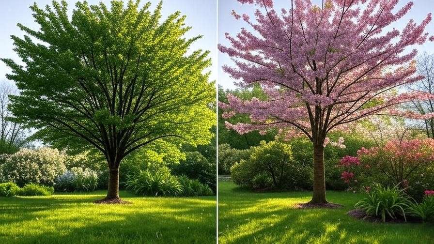 Comparison of an overcrowded and well-thinned cherry tree canopy in a garden
