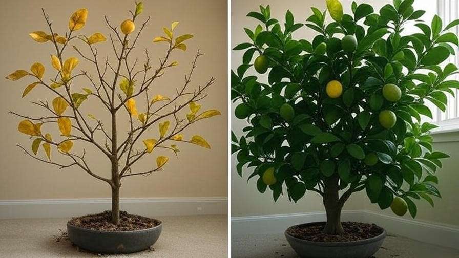 Comparison of lemon tree with insufficient light versus healthy growth under grow light".