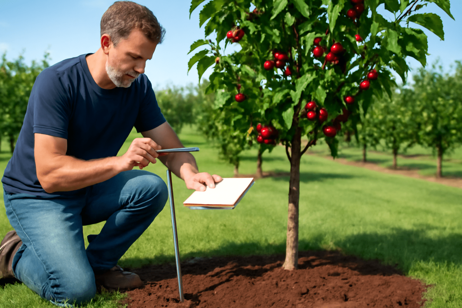 Infographic of nematode damage symptoms on cherry tree leaves and roots."