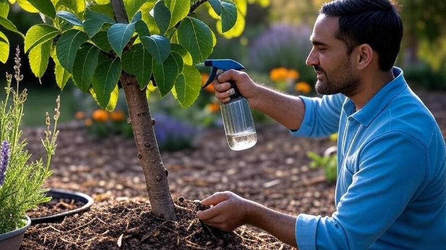 Pluot tree with pest-damaged leaves and gardener applying neem oil in a mulched garden."