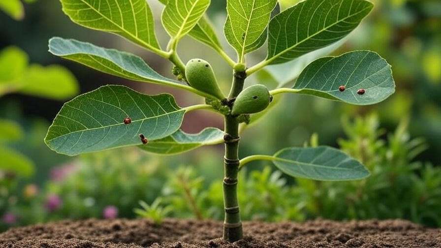"Green fig tree with pest damage and organic pest control items like neem oil."
