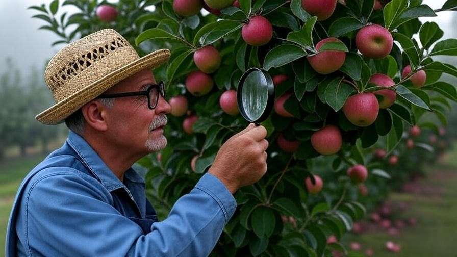 "Gardener checking Hidden Rose Apple Tree for apple maggots with magnifying glass."