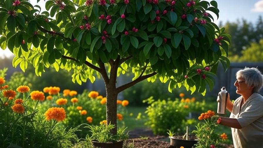 Weeping crabapple tree with marigolds and organic pest control in a garden."