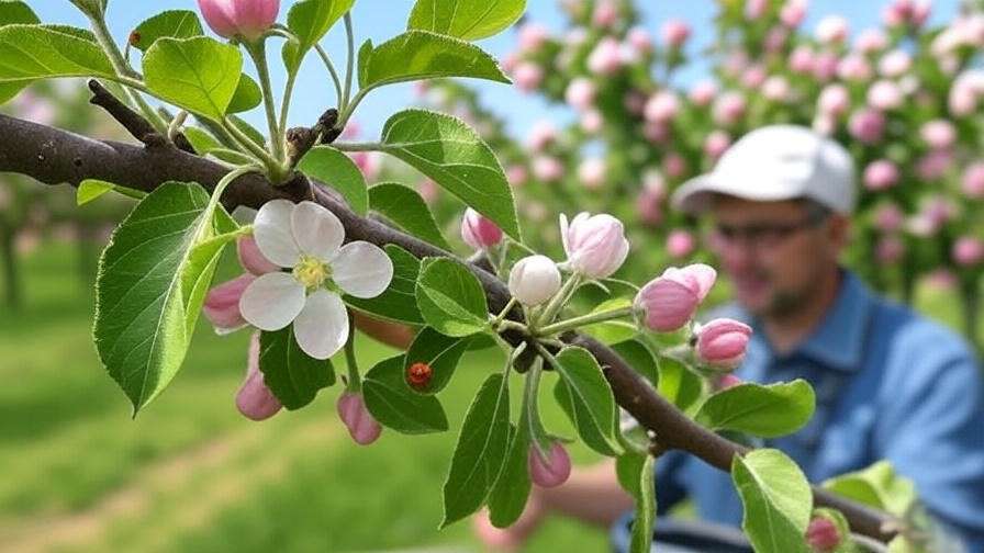 Ladybug and gardener inspecting apple tree blossoms for pests."