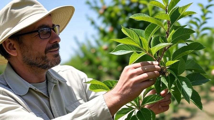 Gardener inspecting cherry tree leaves for pests in an orchard