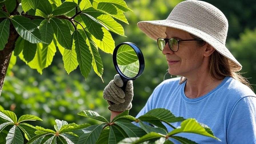 Gardener inspecting chestnut tree leaves with magnifying glass".