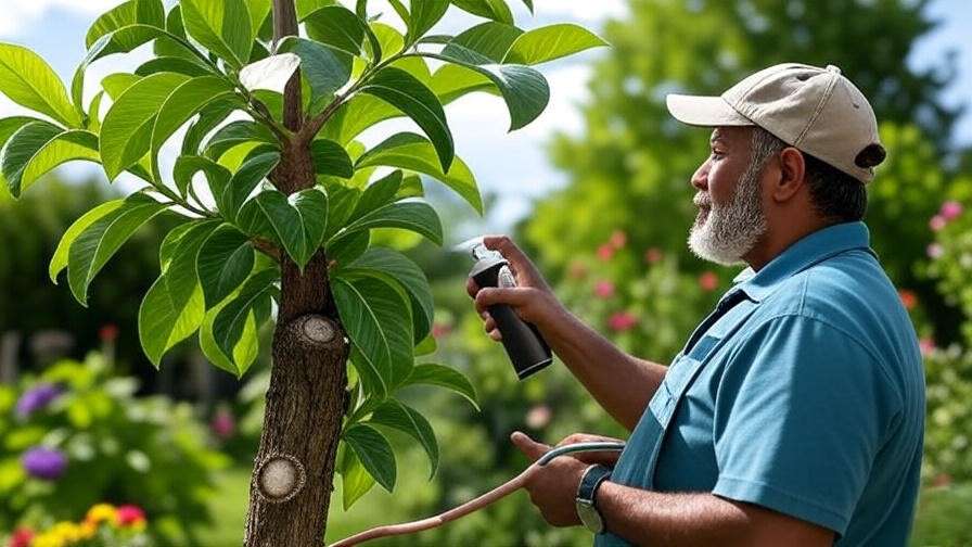 McKinley tree with pest damage and gardener applying neem oil spray in a garden."