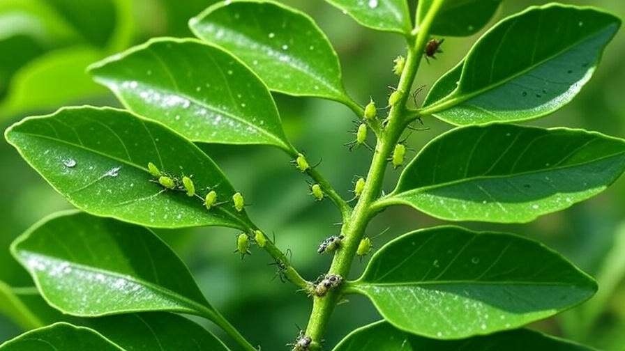 Close-up identification of pests like aphids and scale on curry leaves tree leaves.