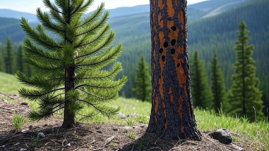 Ponderosa Pine with mountain pine beetle damage in Montana forest"