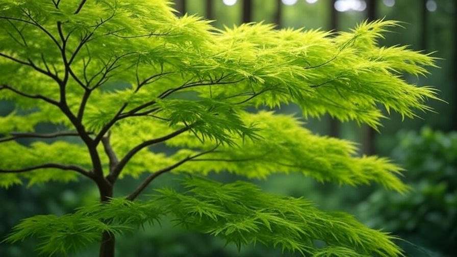 Japanese maple tree laceleaf with pest-damaged and healthy leaves in a garden."