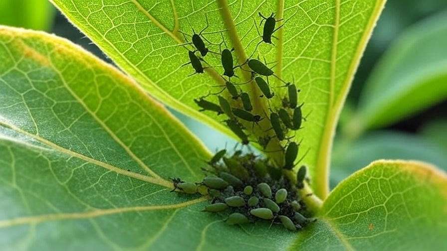 Aphids infesting leaves of Red Baron Peach Tree close-up.