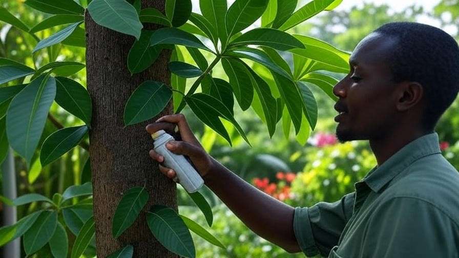 "Ipe tree with aphid damage and gardener applying neem oil spray in a tropical garden".