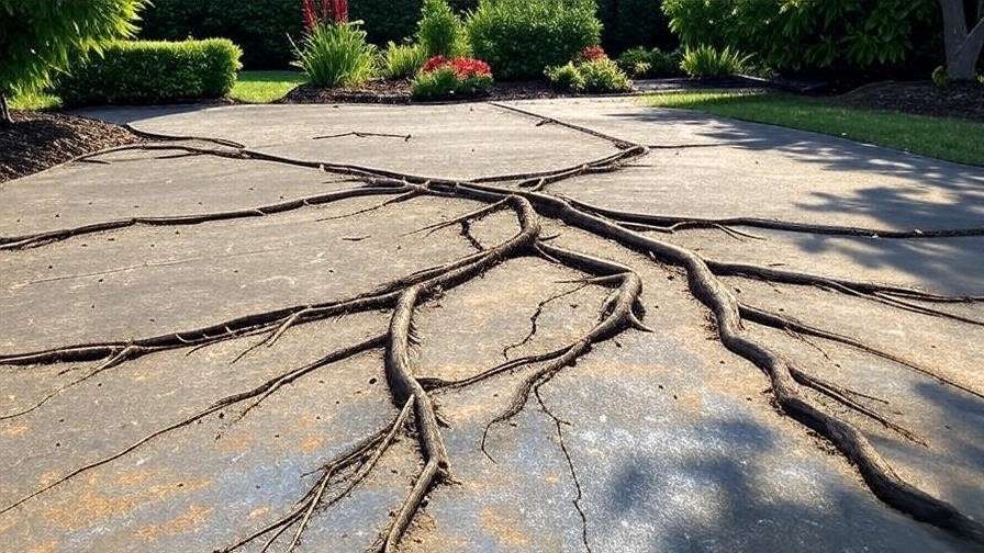 Cracked driveway damaged by fig tree roots, highlighting common garden issues."