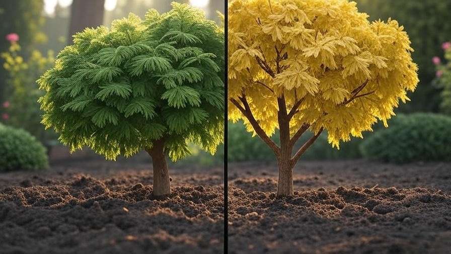 Comparison of healthy and wilting feather trees in a garden.