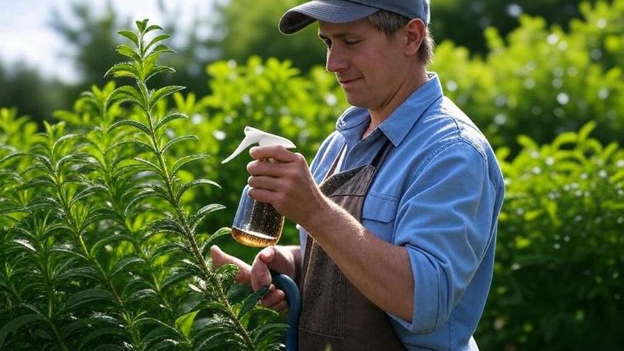 Gardener applying neem oil to tree peppermint affected by aphids in a garden."