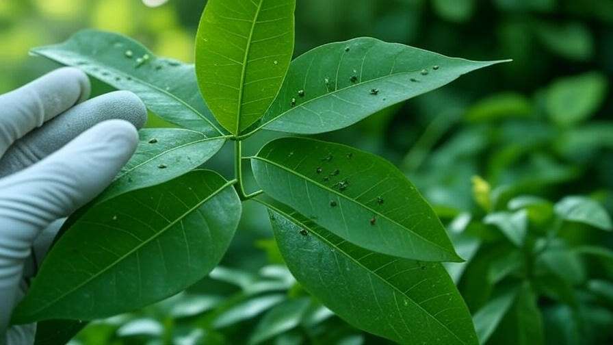 Close-up of Bignoniaceae leaf with aphid damage and neem oil treatment."