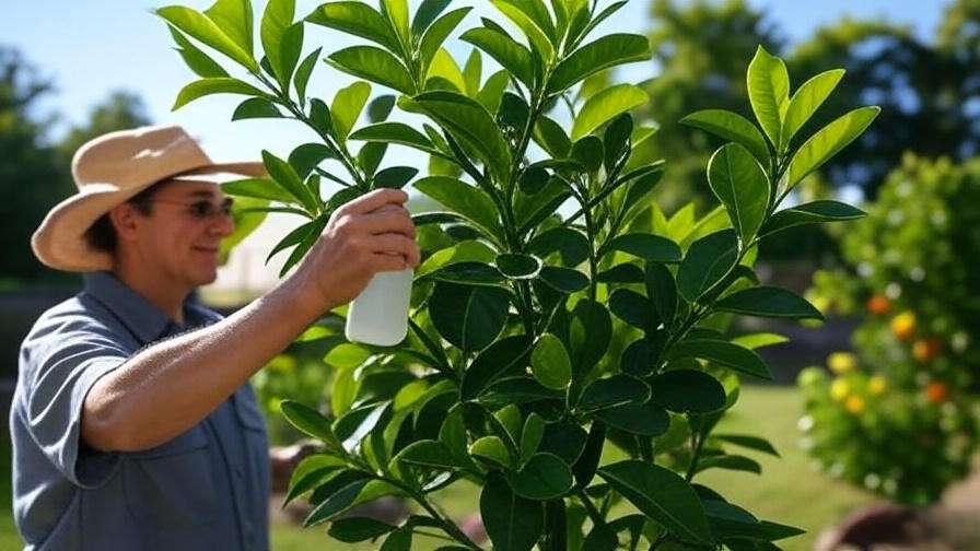 "Lemon Tree Pink with aphid damage and gardener applying neem oil.