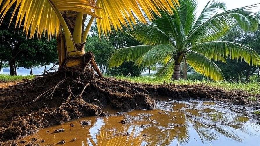 "Palm tree with root rot and waterlogged soil next to a healthy palm"