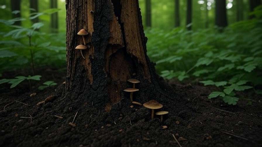 Damaged tree trunk with mushrooms growing from wounds in moist forest soil."