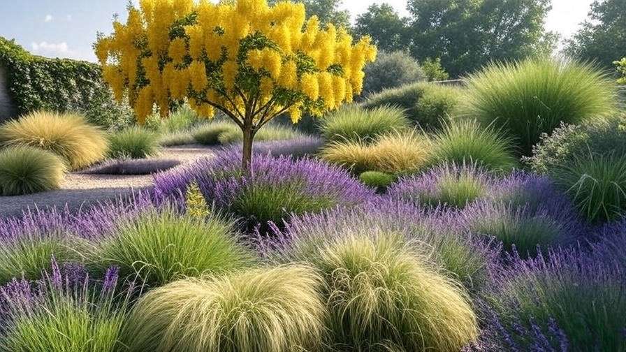 Garden with Golden Shower tree, lavender, and ornamental grasses in a cohesive design.