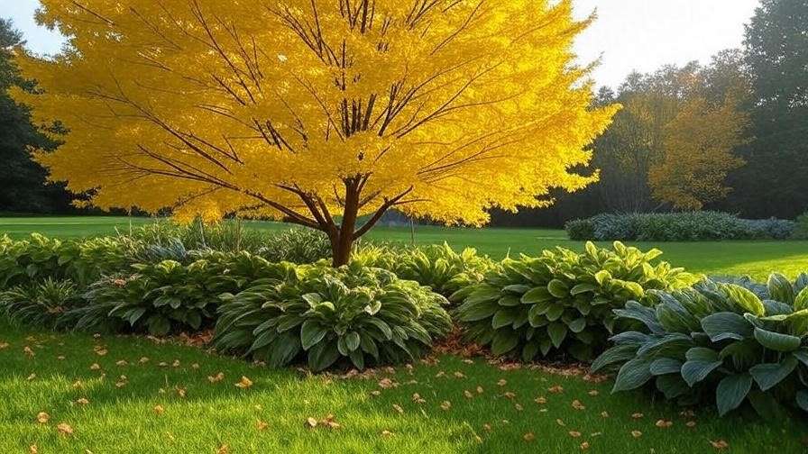 Yellow maple tree with golden foliage and companion plants like hostas