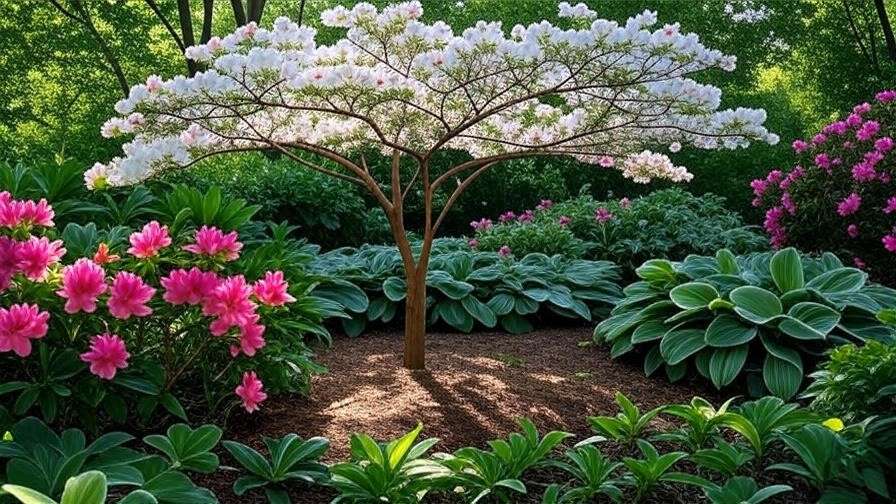 Flowering dogwood tree with azaleas and hostas in a mulched garden bed."