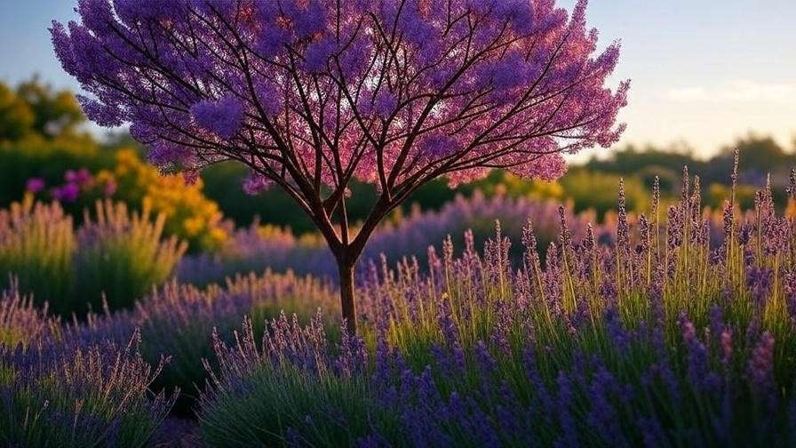 Ipe tree in full bloom with lavender and salvia companion plants in a sunrise garden".