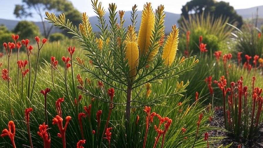 "Coastal Banksia tree with kangaroo paw and native grasses in a biodiverse garden".