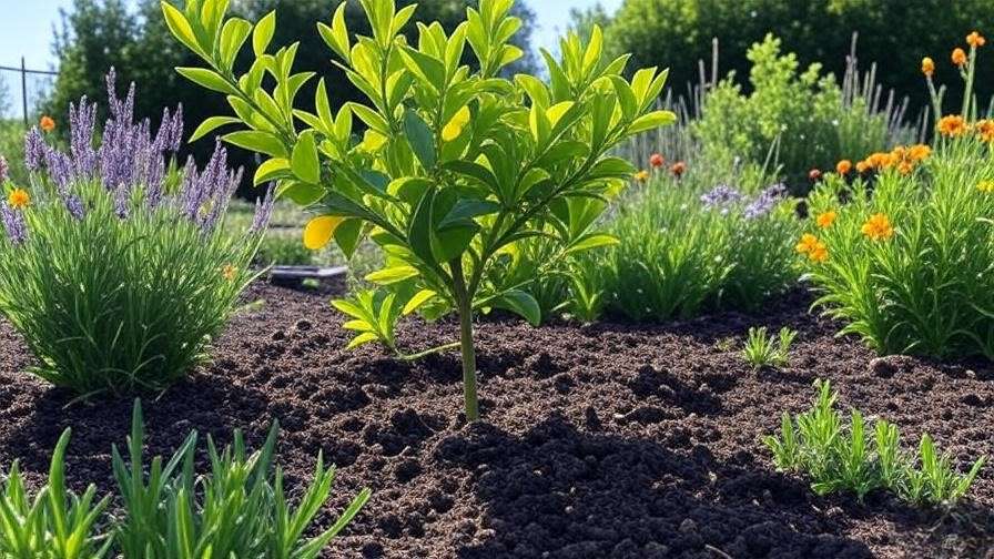 "Lemon thorn tree with companion plants lavender and marigolds in a garden bed"
