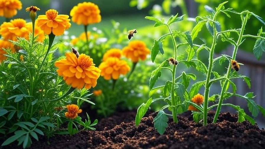Marigold tree and tomato plants with bees in a companion garden".
