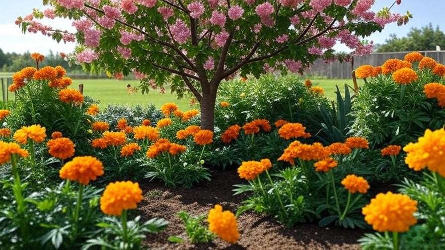Bush cherry tree with marigold flowers and garlic plants in a garden.