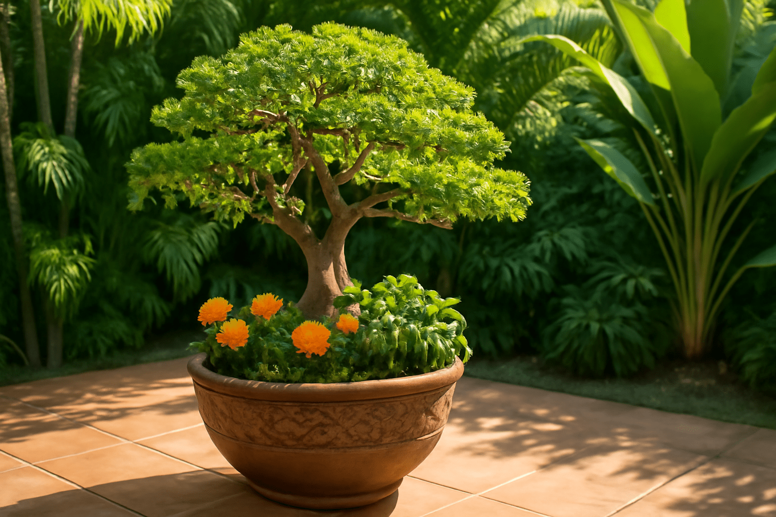 "Potted benzoil tree with marigolds and basil on a sunny tropical patio."